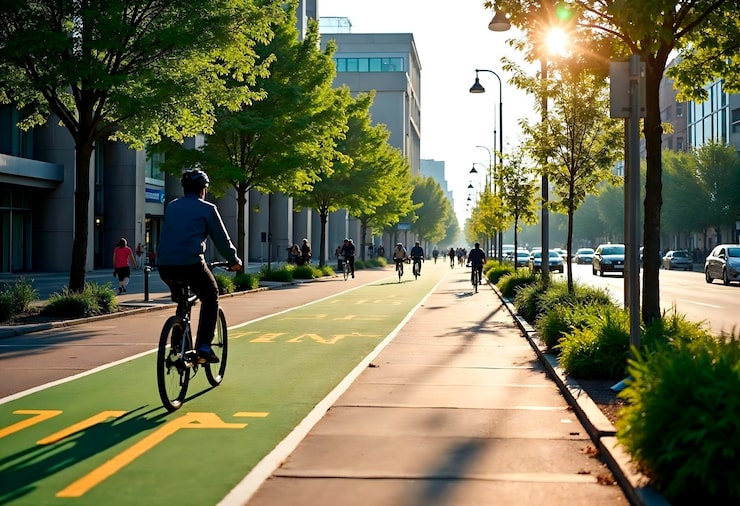 People cycling on a green urban route